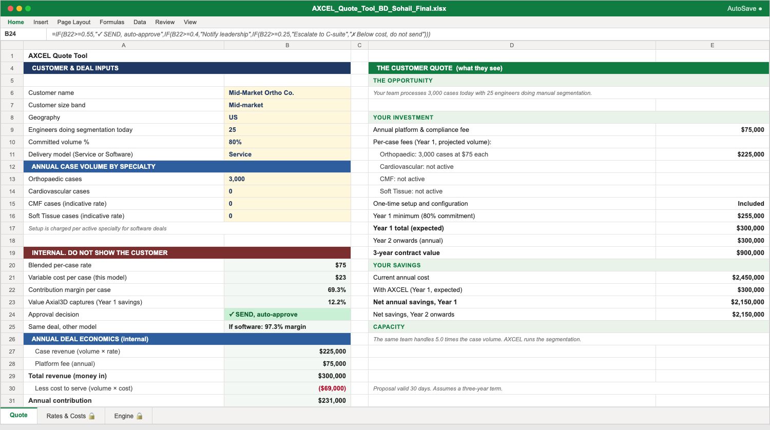 The AXCEL quote tool built in Excel for Axial3D